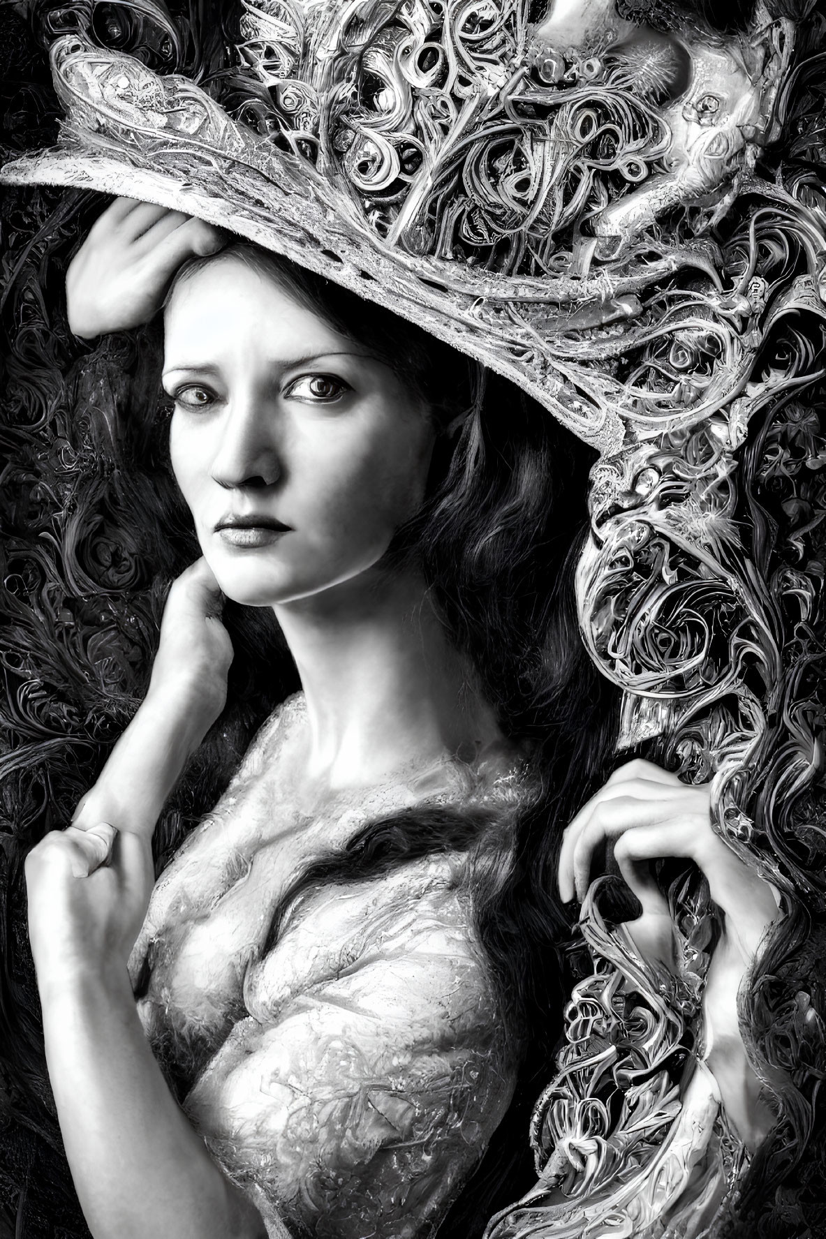 Monochrome portrait of woman in lace hat and dress with contemplative expression