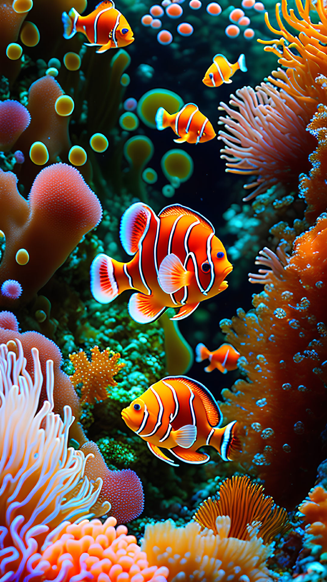 Colorful Clownfish Among Vibrant Sea Anemones Underwater