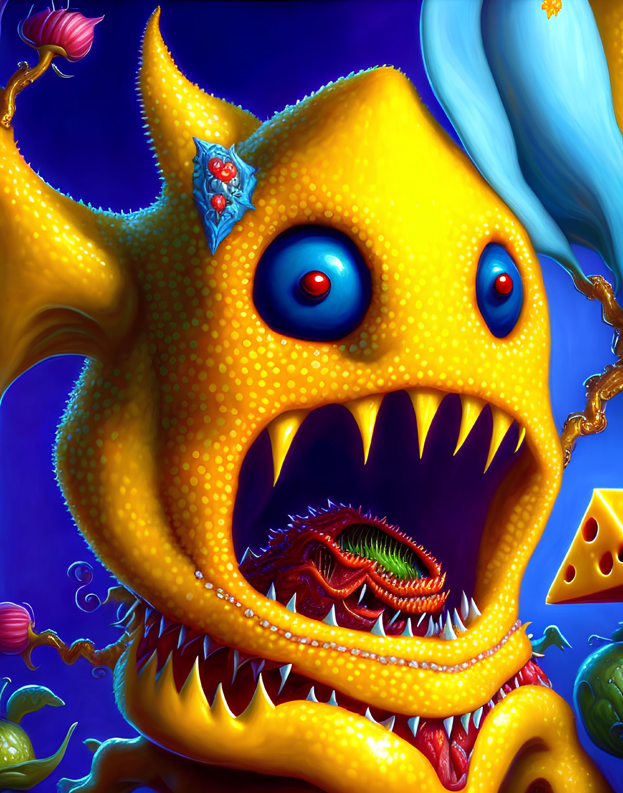 Colorful illustration of whimsical yellow monster with big blue eyes and sharp teeth carrying a smaller creature.