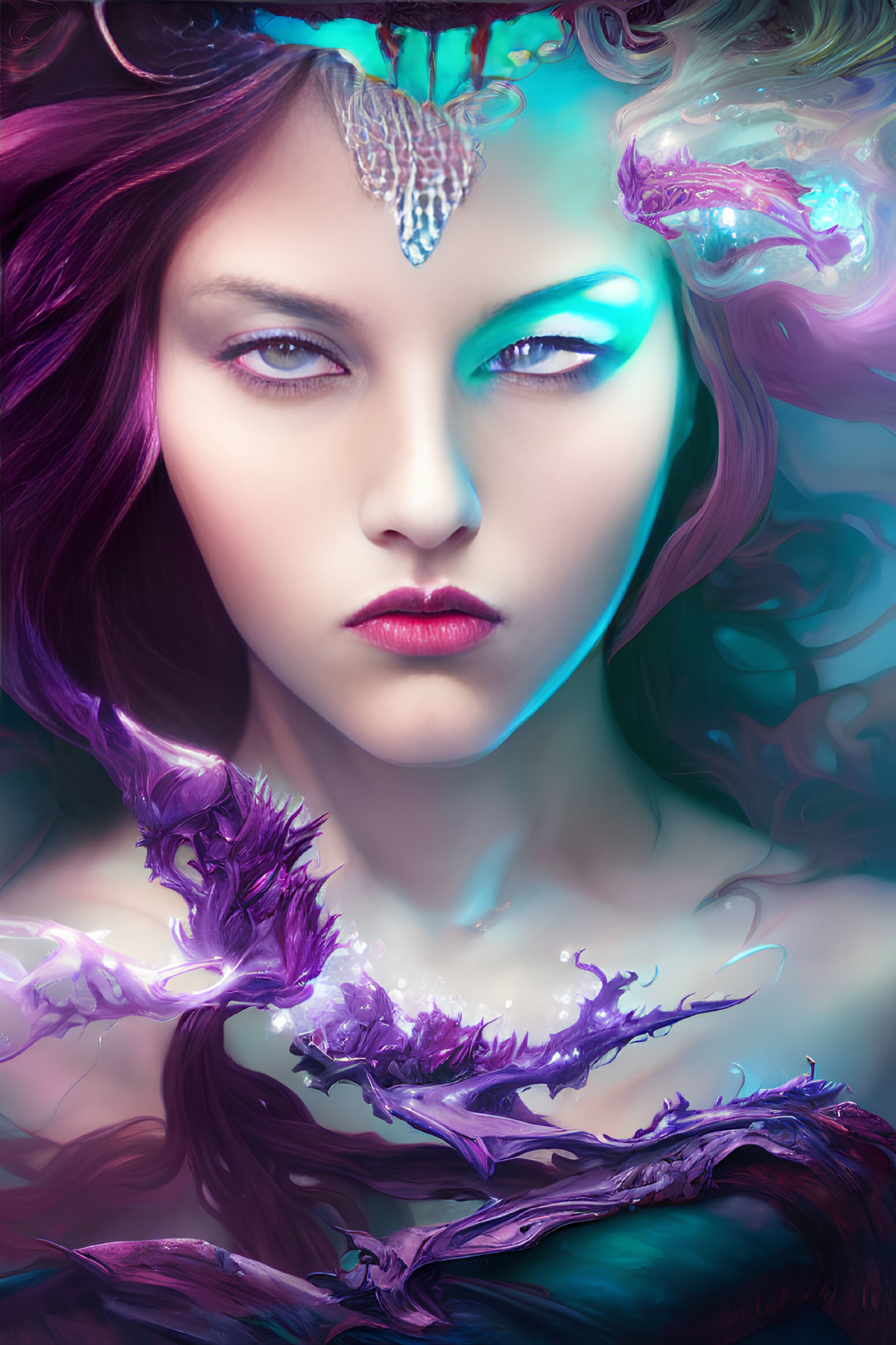 Fantasy illustration of woman with purple hair and glowing blue eyes