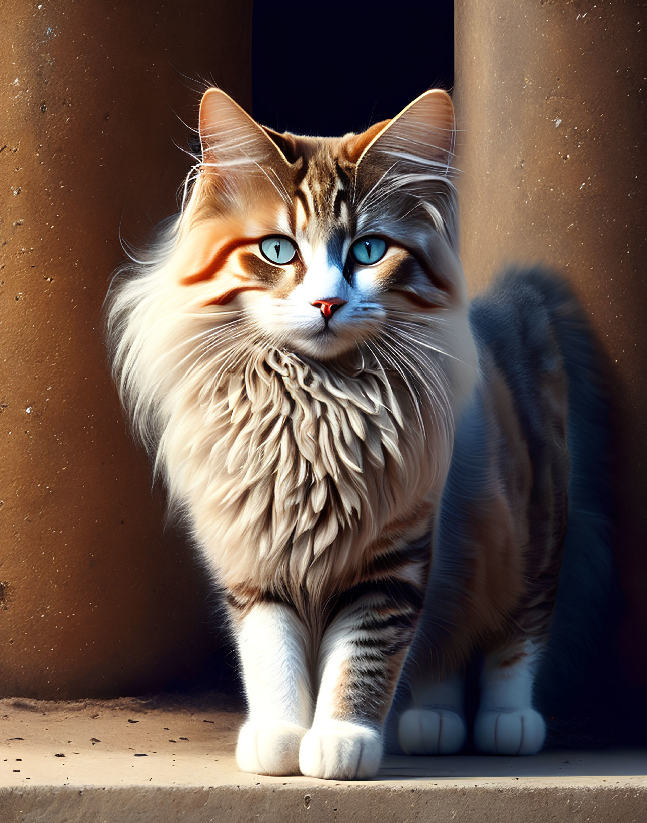 Majestic long-haired cat with blue eyes between two pillars