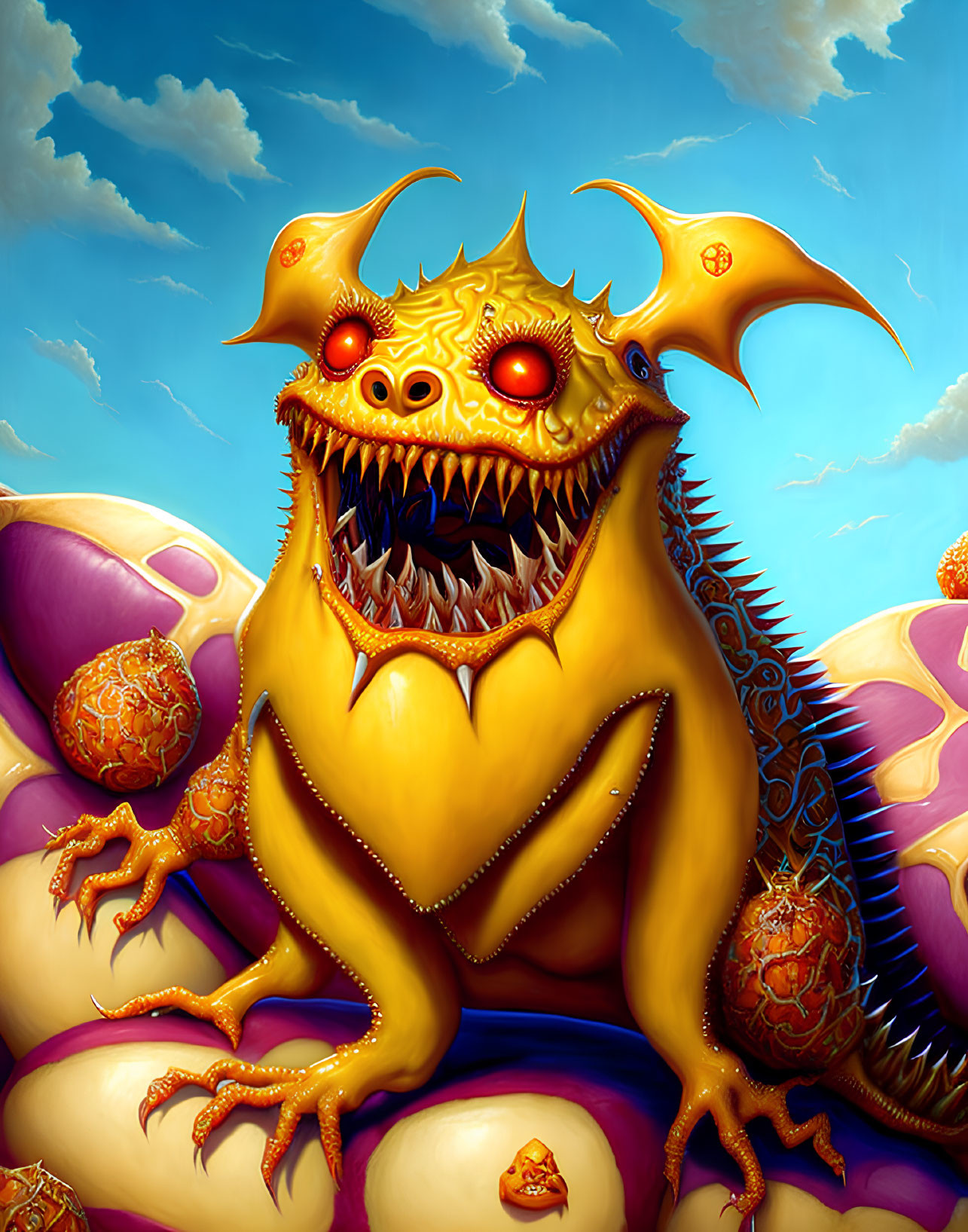 Colorful Fantasy Creature with Multiple Red Eyes and Spiky Back against Blue Sky Background