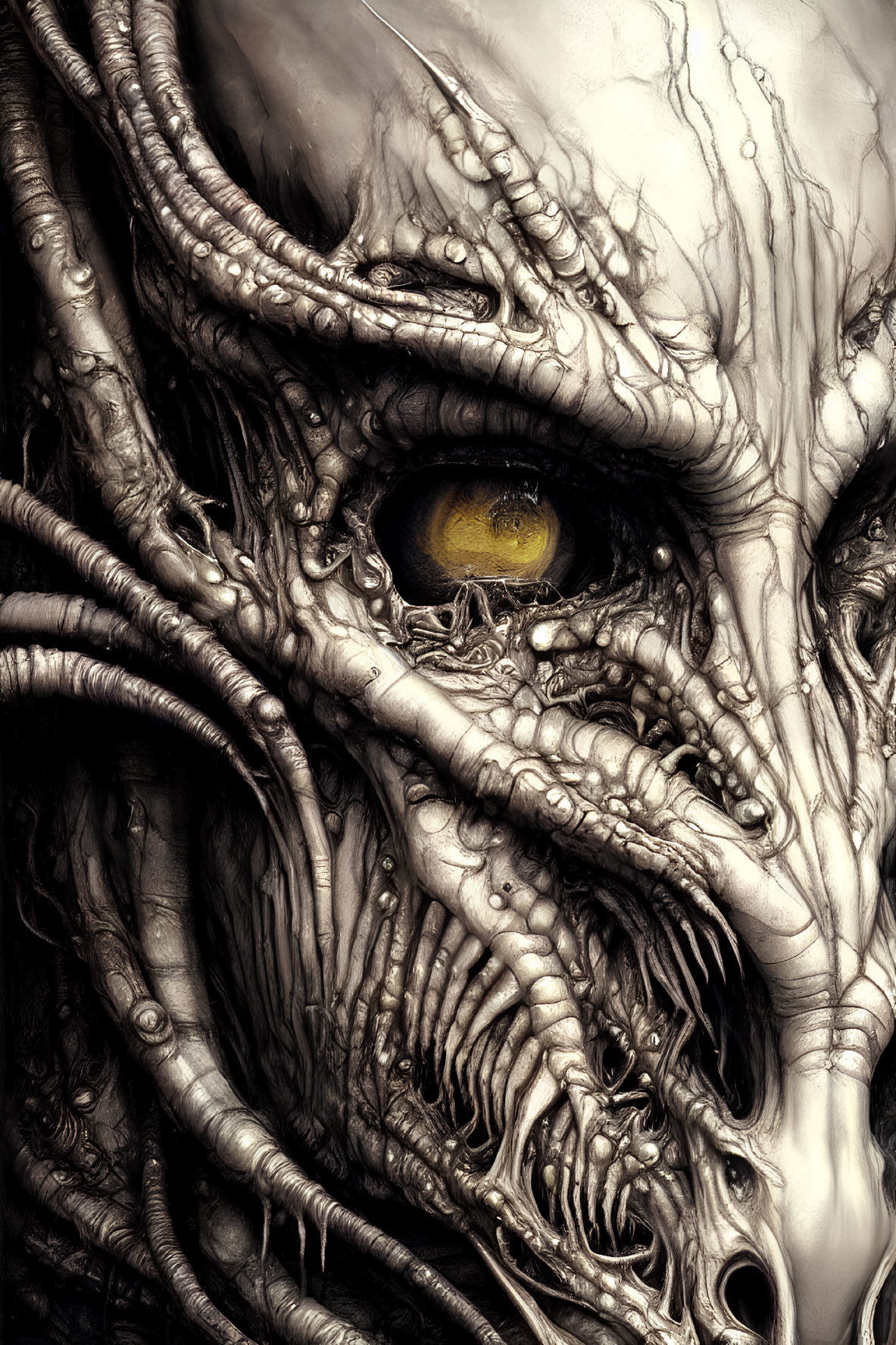 Detailed grayscale illustration of monstrous creature with single yellow eye and sinewy tendrils