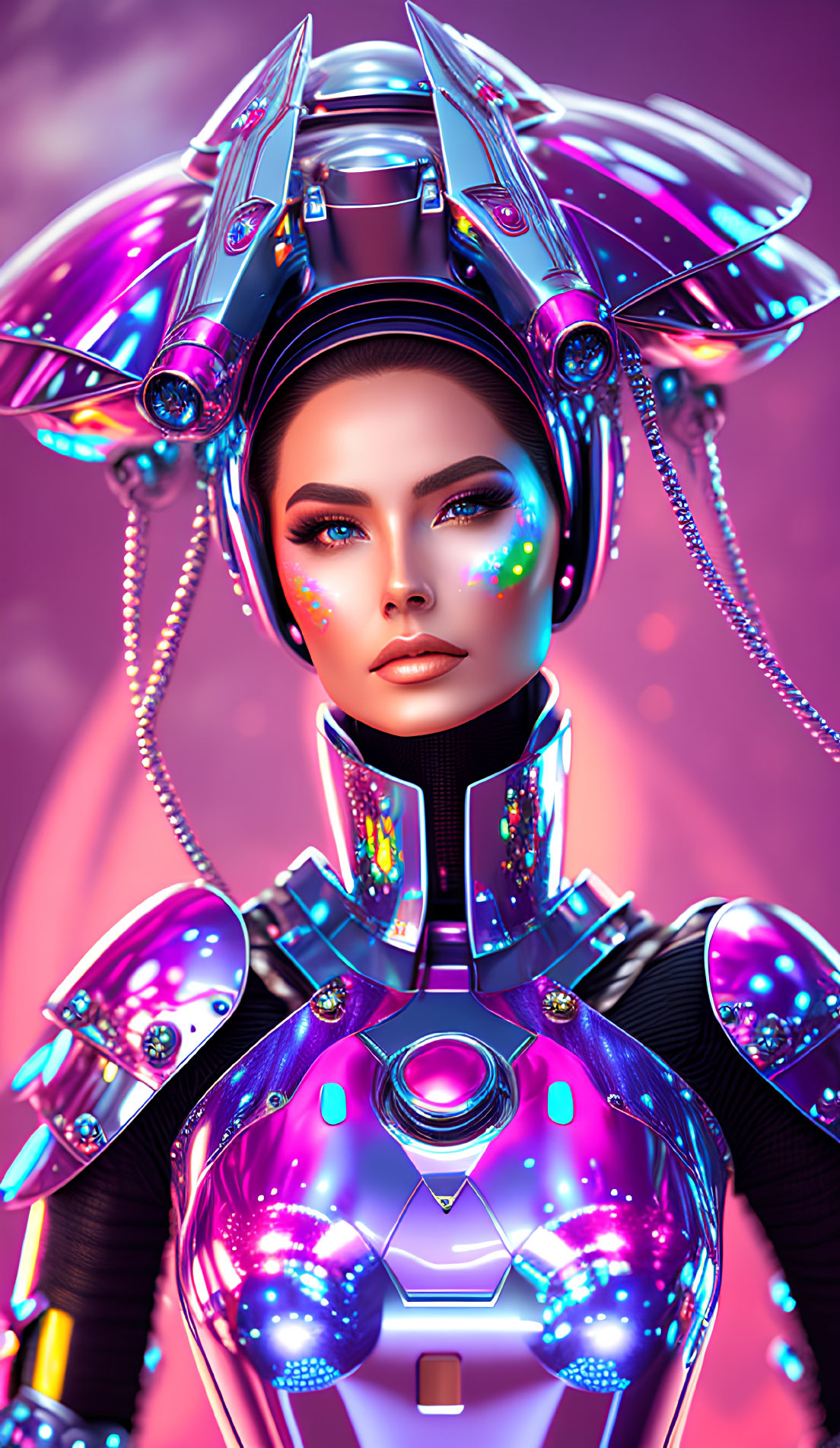 Futuristic female robot with sleek metallic design on vibrant pink backdrop