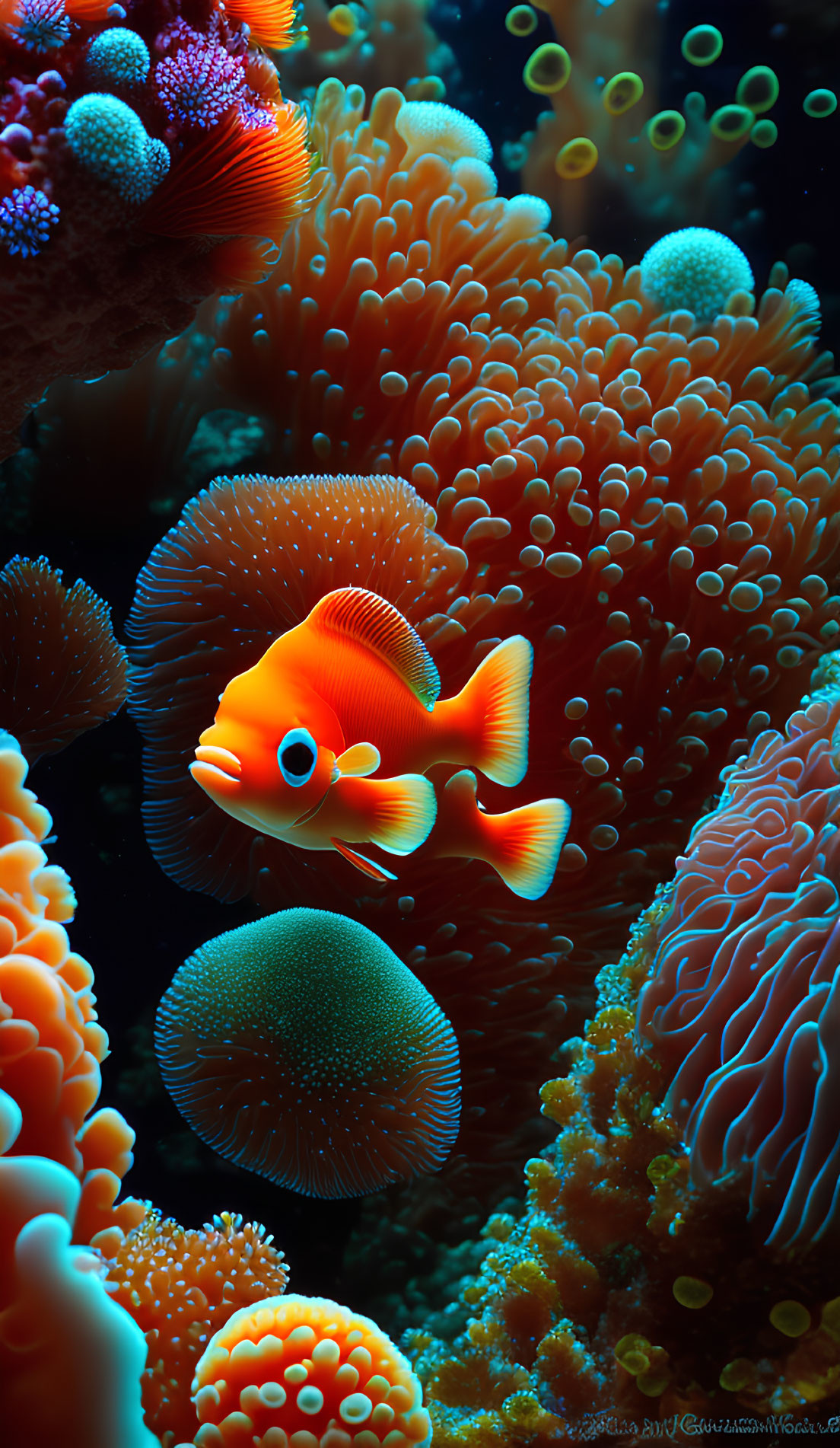 Colorful Clownfish Among Vibrant Sea Anemones Underwater