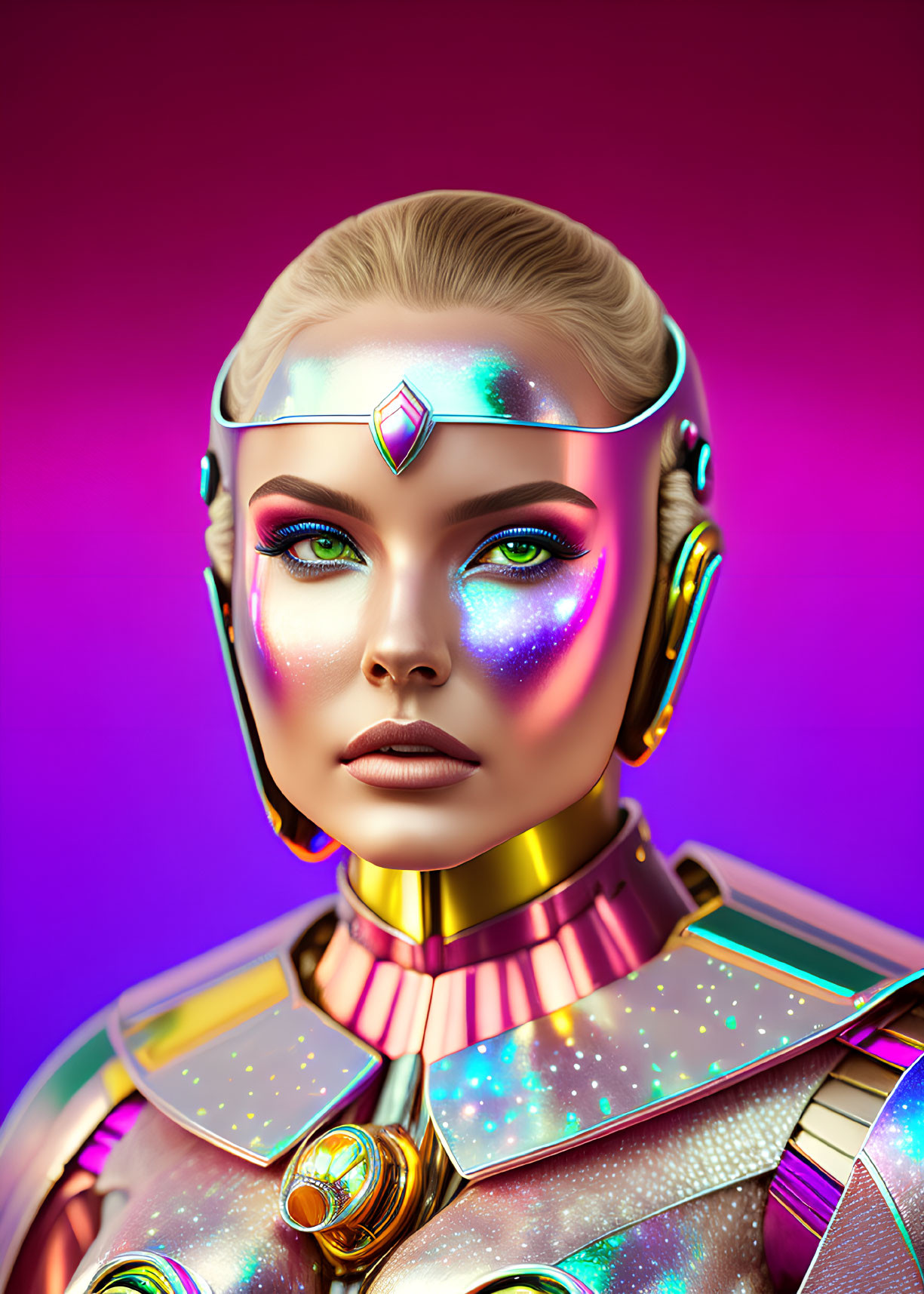 Female humanoid portrait with robotic features, vibrant makeup, colorful armor on purple background