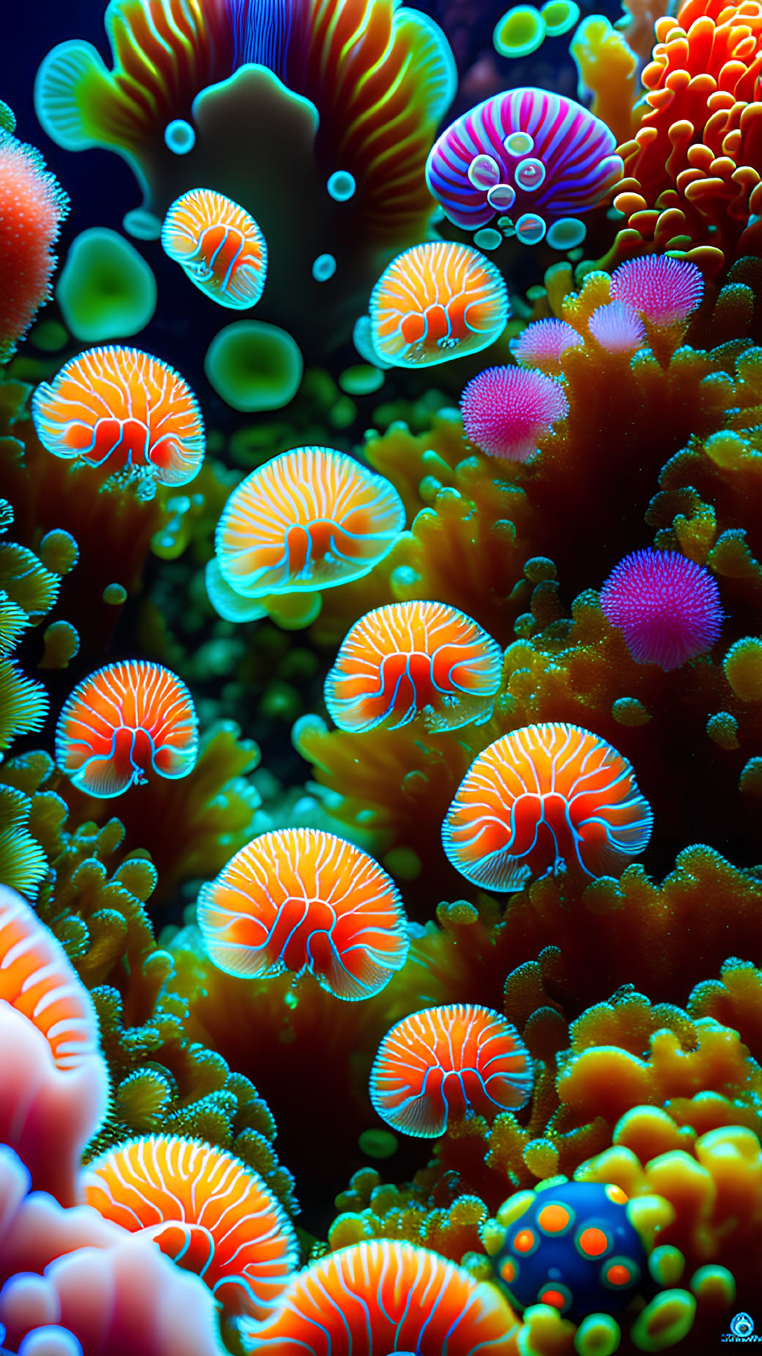 Neon-colored coral and anemone-like organisms in digital art