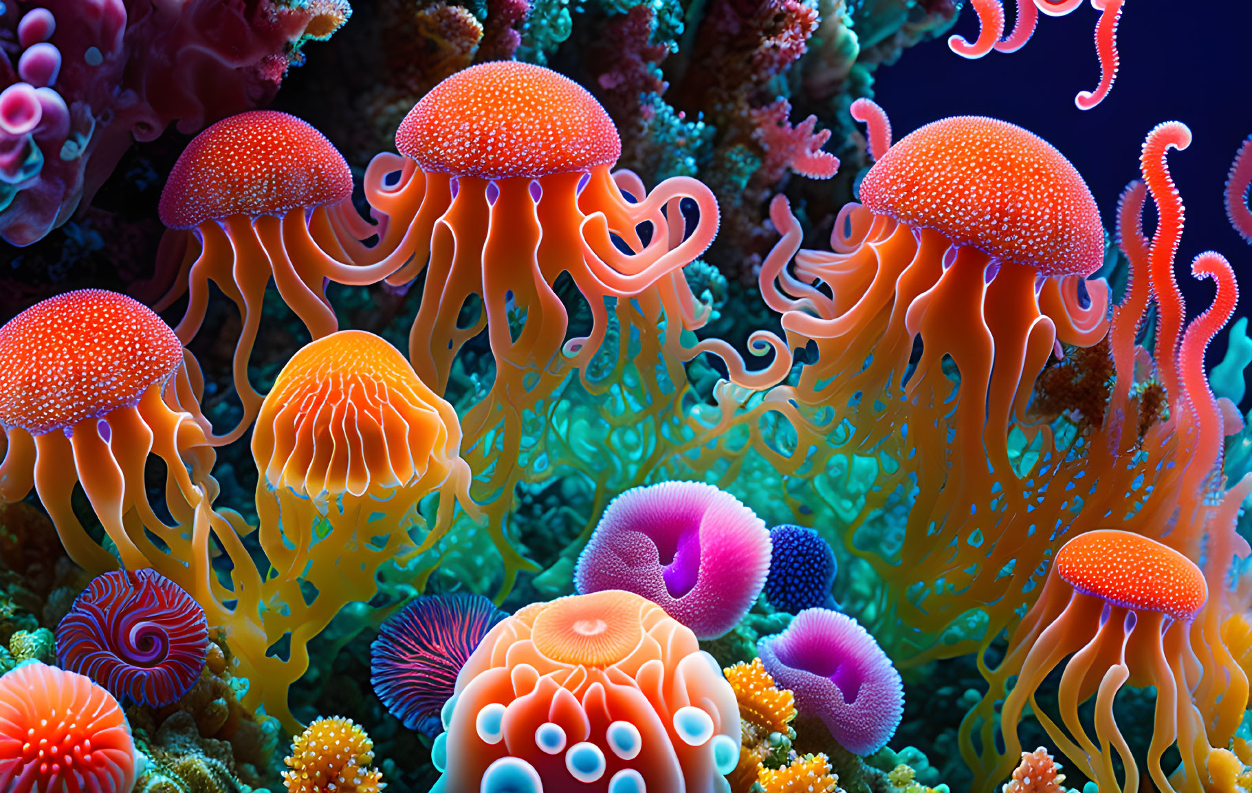 Colorful Orange Jellyfish Among Vibrant Coral Formations