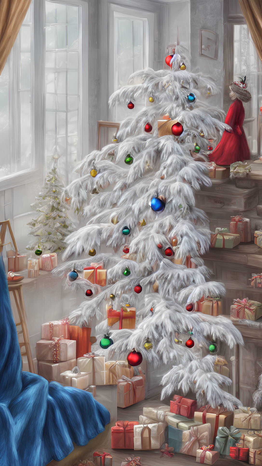 Snowy-white Christmas tree with colorful ornaments in cozy room filled with gifts, person in red outfit by