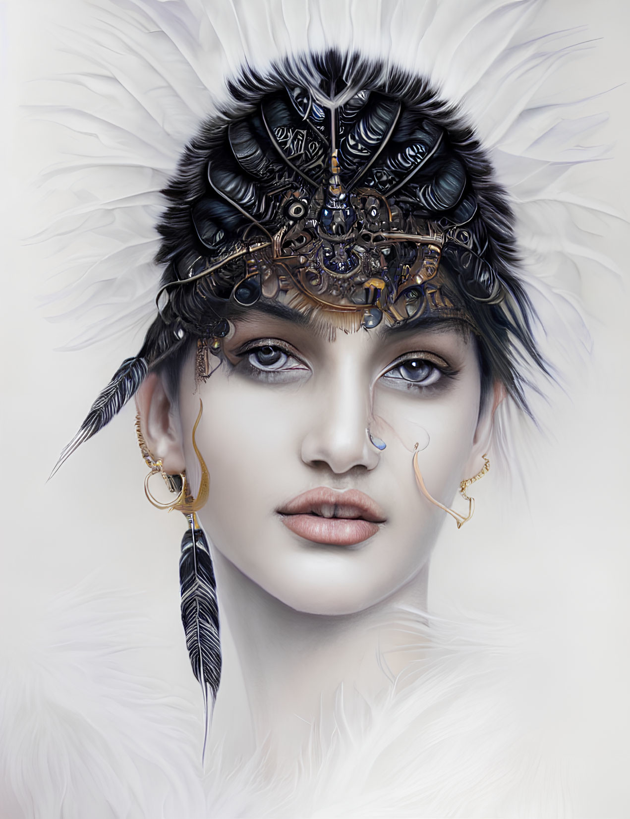 Person adorned with feathered headdress and jewelry on light background