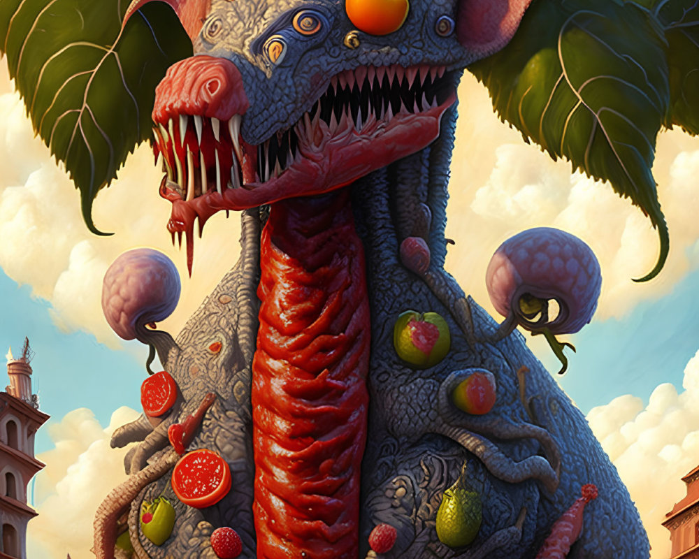 Illustration of multi-eyed dragon with fruits, veggies, leafy wing, and tower.