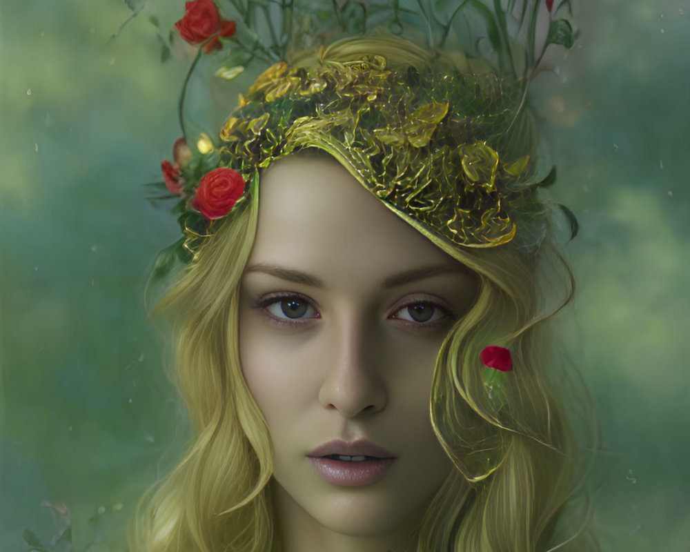 Blonde Woman with Golden Crown and Red Roses in Nature