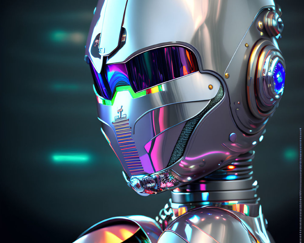 Detailed humanoid robot head with futuristic helmet and visor on dark background.