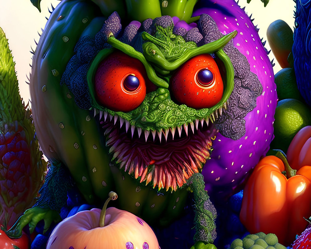 Anthropomorphic fruits and vegetables with expressive faces in a colorful illustration