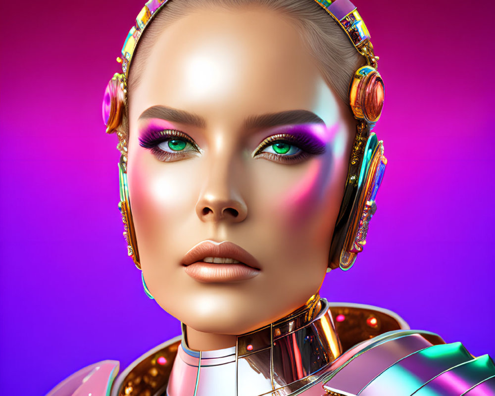 Futuristic female android with metallic complexion and gemstones on vibrant background