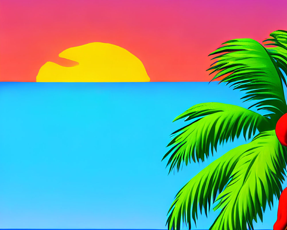 Colorful digital beach scene with palm tree, sun, and Santa hat figure