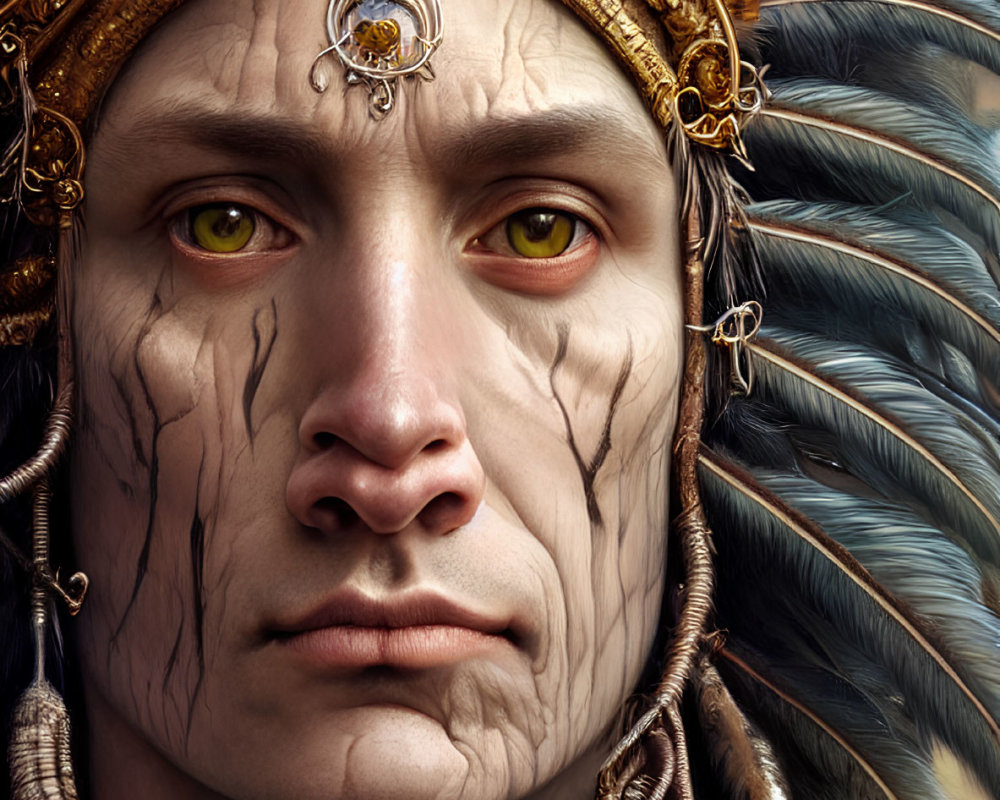 Person in Native American-Inspired Headdress with Green Eyes and Face Paint