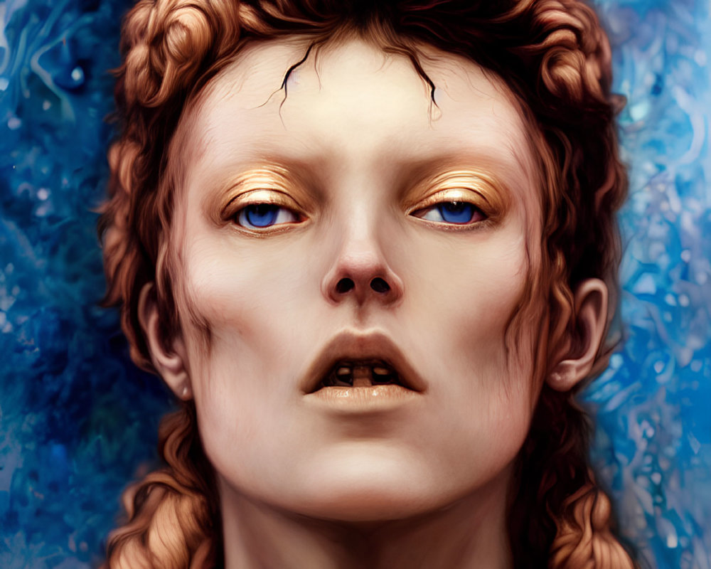 Portrait of a person with golden eyes, curly hair, and serene expression on blue textured background