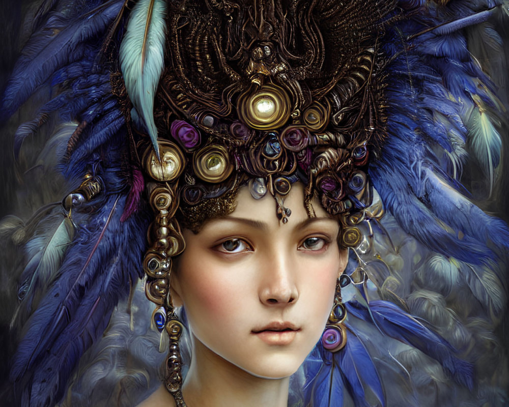 Portrait of person with fair skin in feather headdress and golden crown.