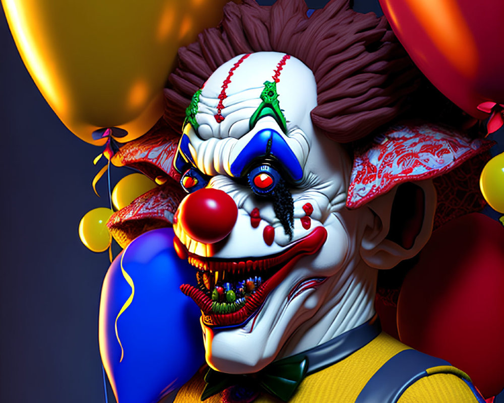 Sinister smile clown with colorful balloons and sharp teeth