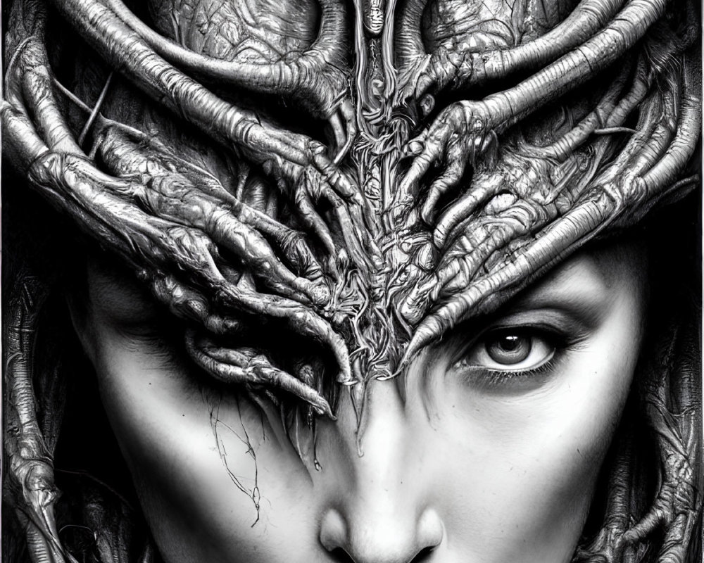 Monochrome fantasy art of person with tree headdress