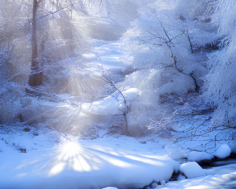 Sun rays through mist and snowy landscape with stream