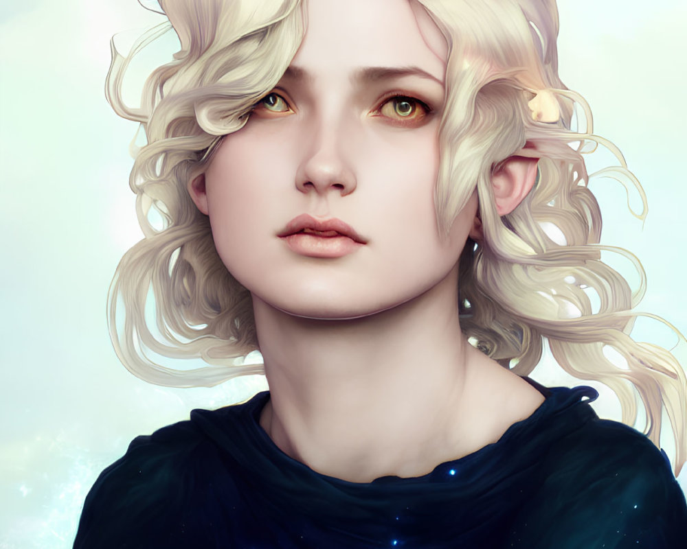 Young person with blond curls and green eyes in galaxy-themed shirt with white lotus.