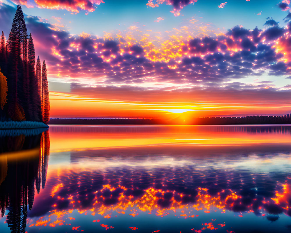 Fiery sunset reflected in tranquil lake with silhouetted pine trees