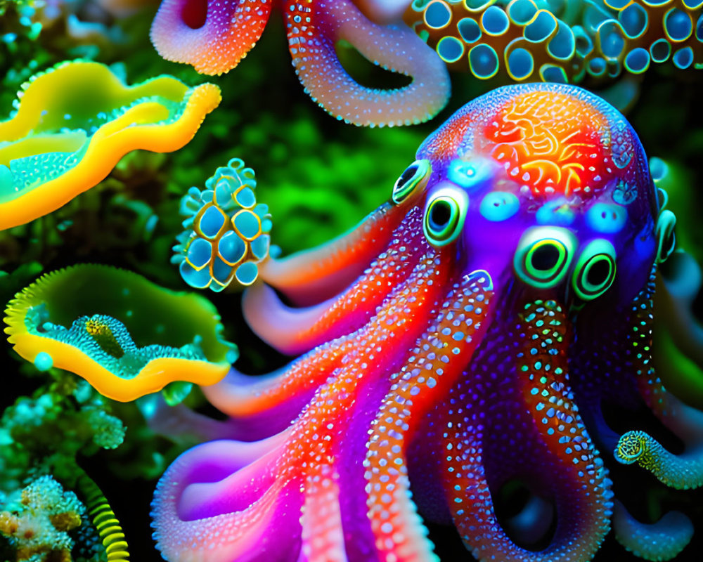 Colorful Neon Octopus Art Among Coral Structures