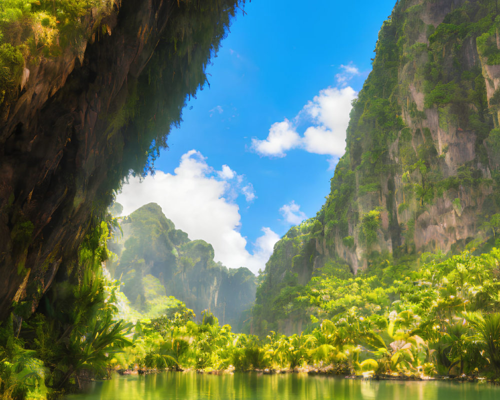 Tranquil river in lush green cavern with rocky walls