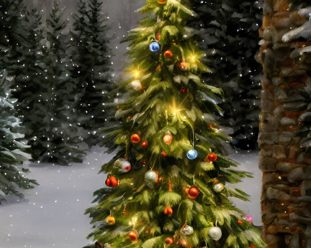 Decorated Christmas tree with lights and ornaments in snowy outdoor setting