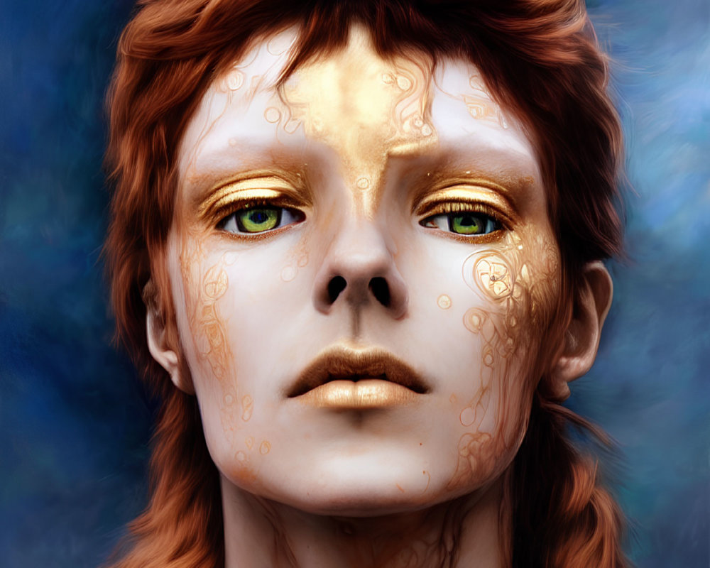 Digital portrait featuring person with red hair, green eyes, golden skin patterns, on blue backdrop