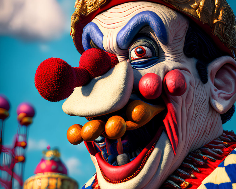 Colorful Sinister Clown in Regal Attire at Amusement Park