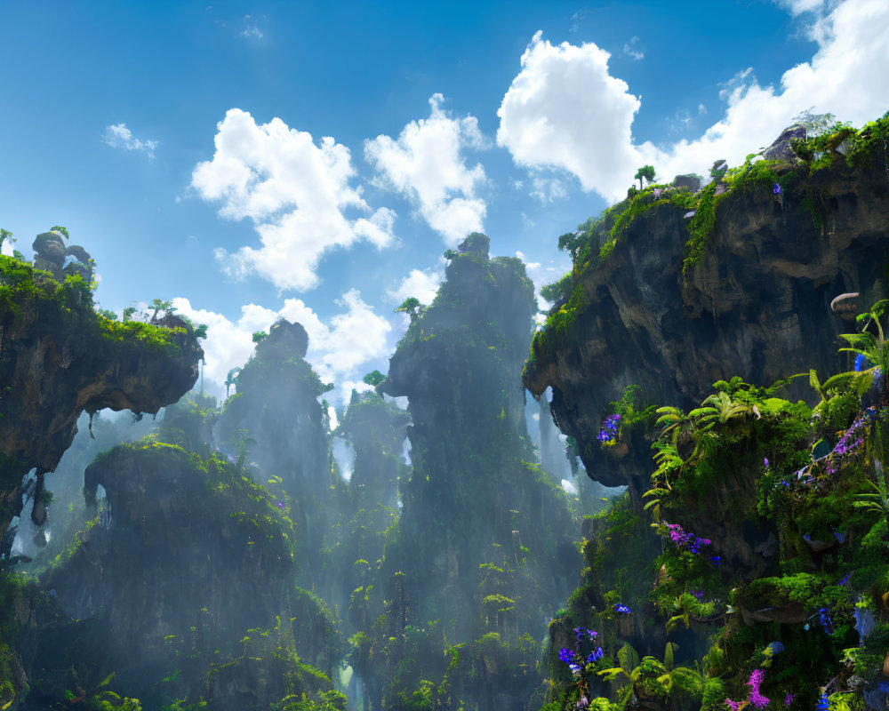 Vibrant flora on lush floating islands under bright blue sky