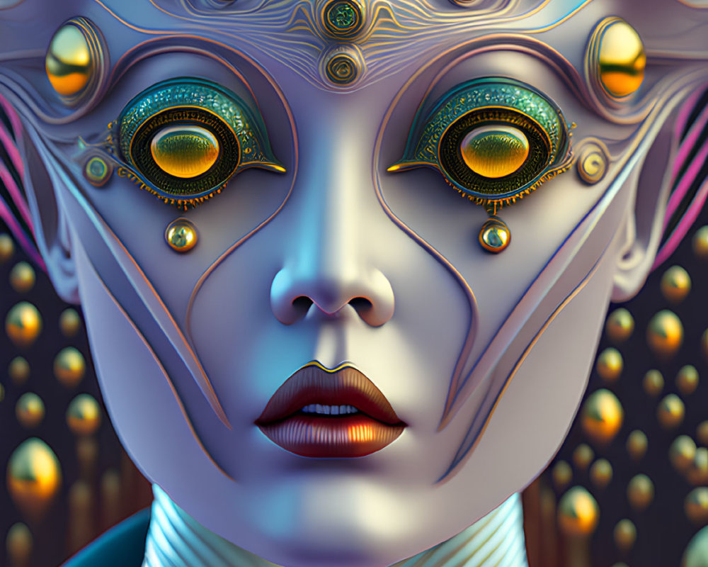 Detailed surreal digital portrait with ornate headpiece, metallic skin, and vibrant green eyes