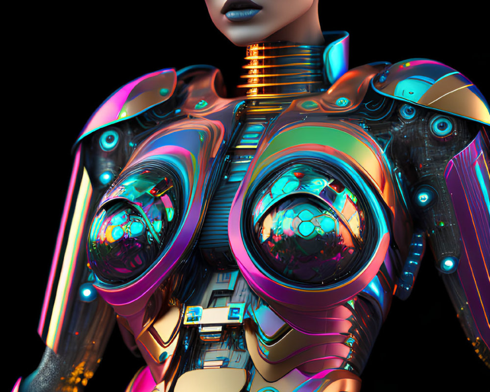 Detailed Cybernetic Suit on Female Robot with Iridescent Lighting