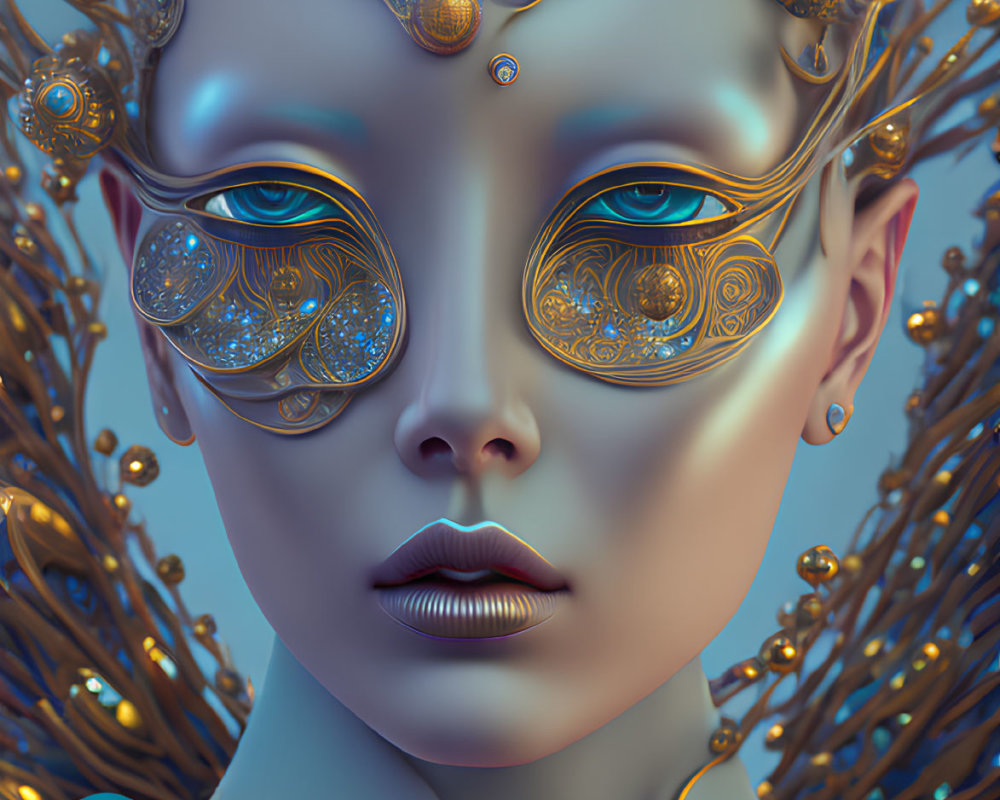 Intricate surreal portrait with golden headpiece and eyewear on blue backdrop