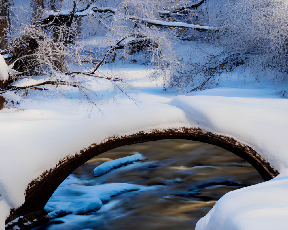 Snow-covered stone bridge over flowing creek in serene winter landscape