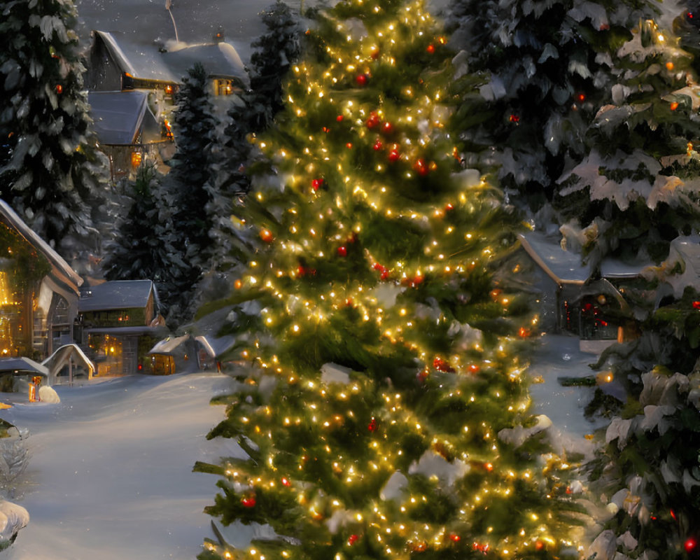 Snowy village scene with illuminated Christmas tree