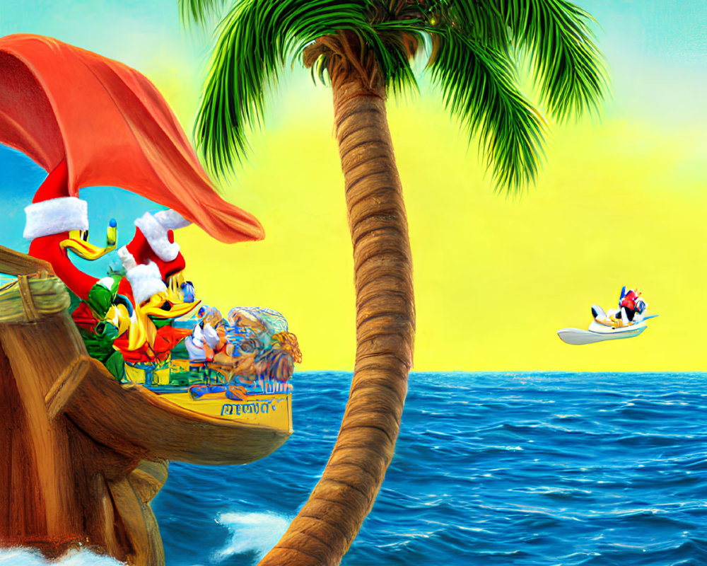 Colorful Cartoon Characters at Beach with Tree, Surfing, Boat, Shipwreck