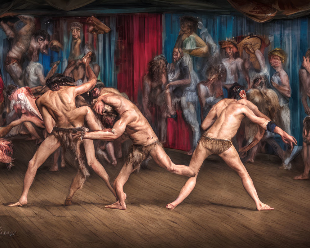 Surreal painting of muscular humans in chaotic dance with horseback figures