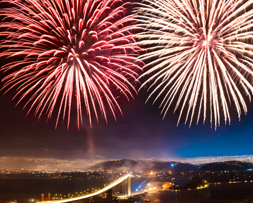 Vibrant fireworks illuminate night sky over river bridge