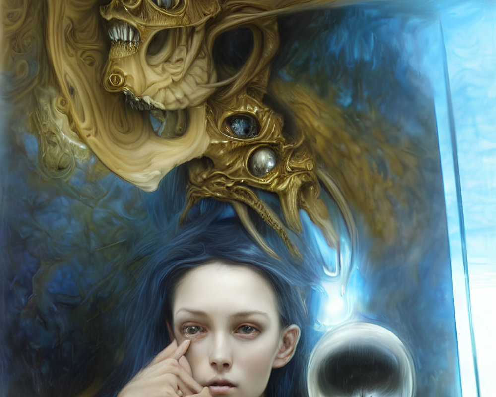 Blue-haired woman with golden patterns and mystical creature in contemplative pose