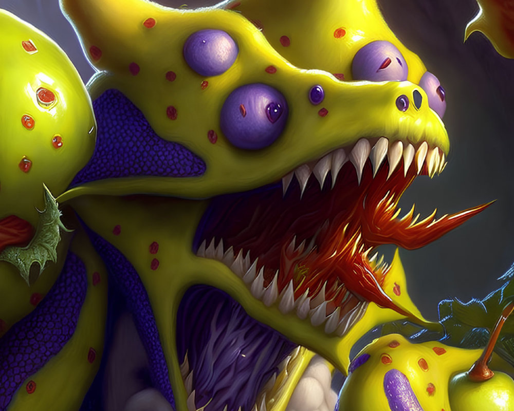 Detailed depiction of monstrous creature with yellow skin, purple spots, multiple eyes, and sharp teeth