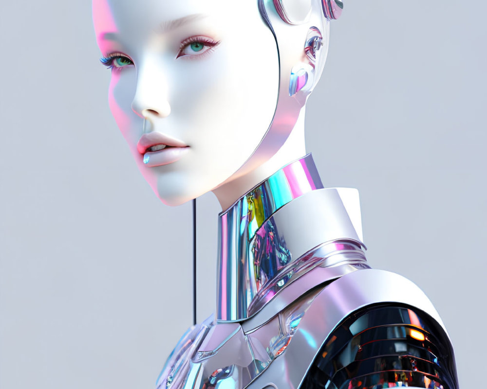 Futuristic robotic humanoid with reflective silver surface and mechanical details