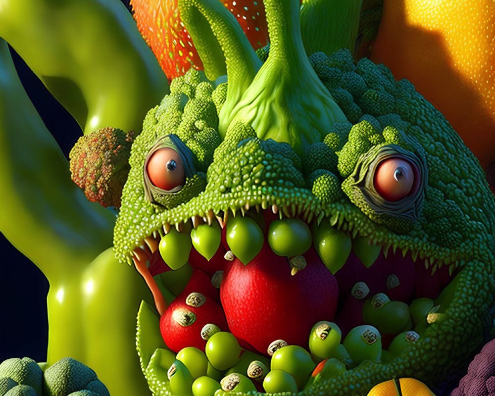 Whimsical creature made of fruits and vegetables in colorful artwork