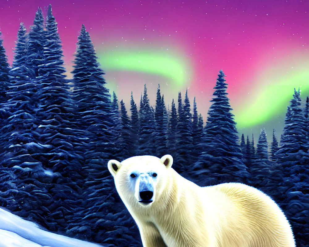 Polar Bear and Cub in Snowy Forest under Northern Lights