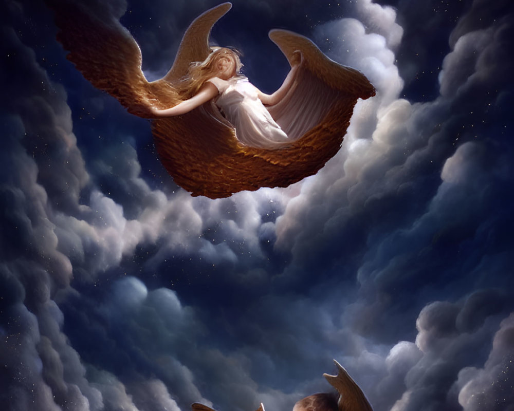 Angels in starry sky with outstretched wings and clouds