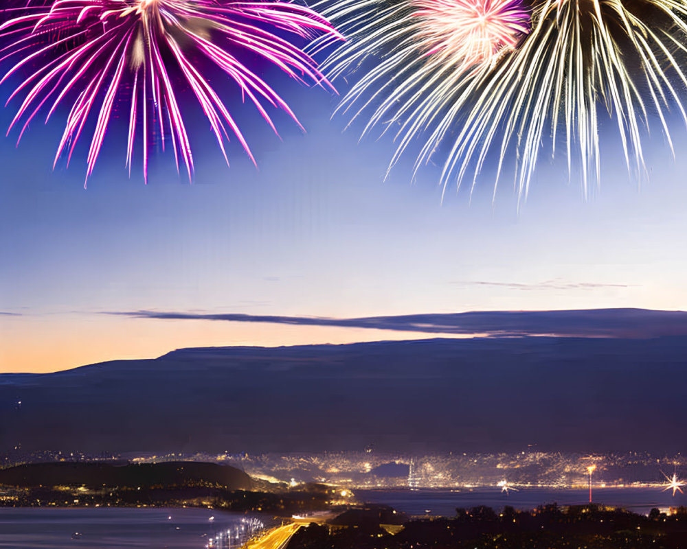 Vibrant fireworks illuminate cityscape at twilight