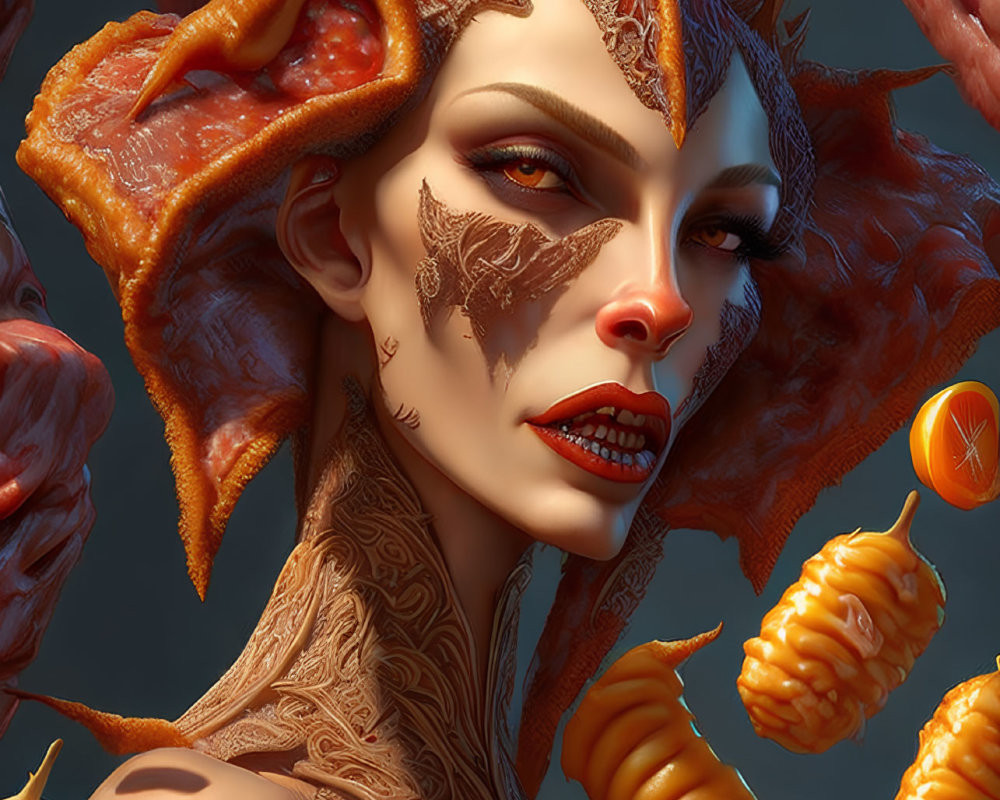 Detailed digital artwork: Female figure with fiery dragon-like scales on head and shoulders on blue background